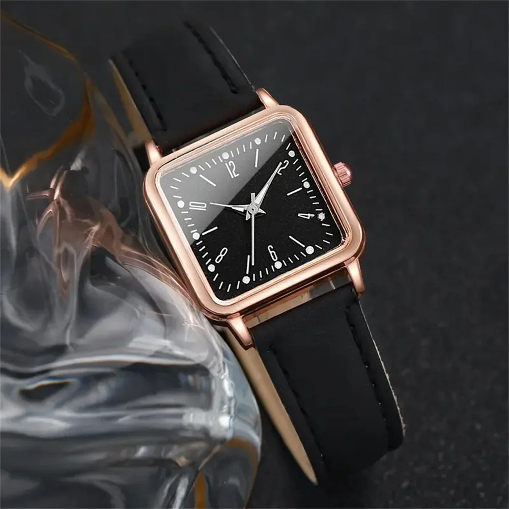 2PCS/Set Fashion Square Women's Watch Leather Band Quartz