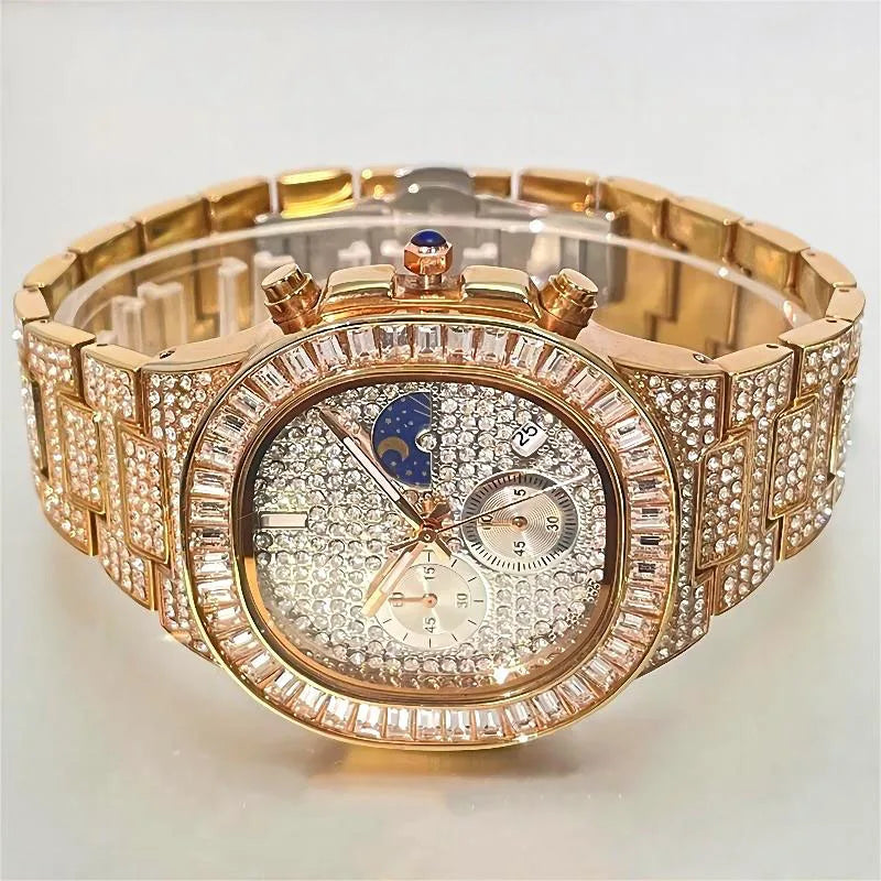 Luxury Quartz Mens Watches Fashion Square Diamond Stainless Steel Wristwatches