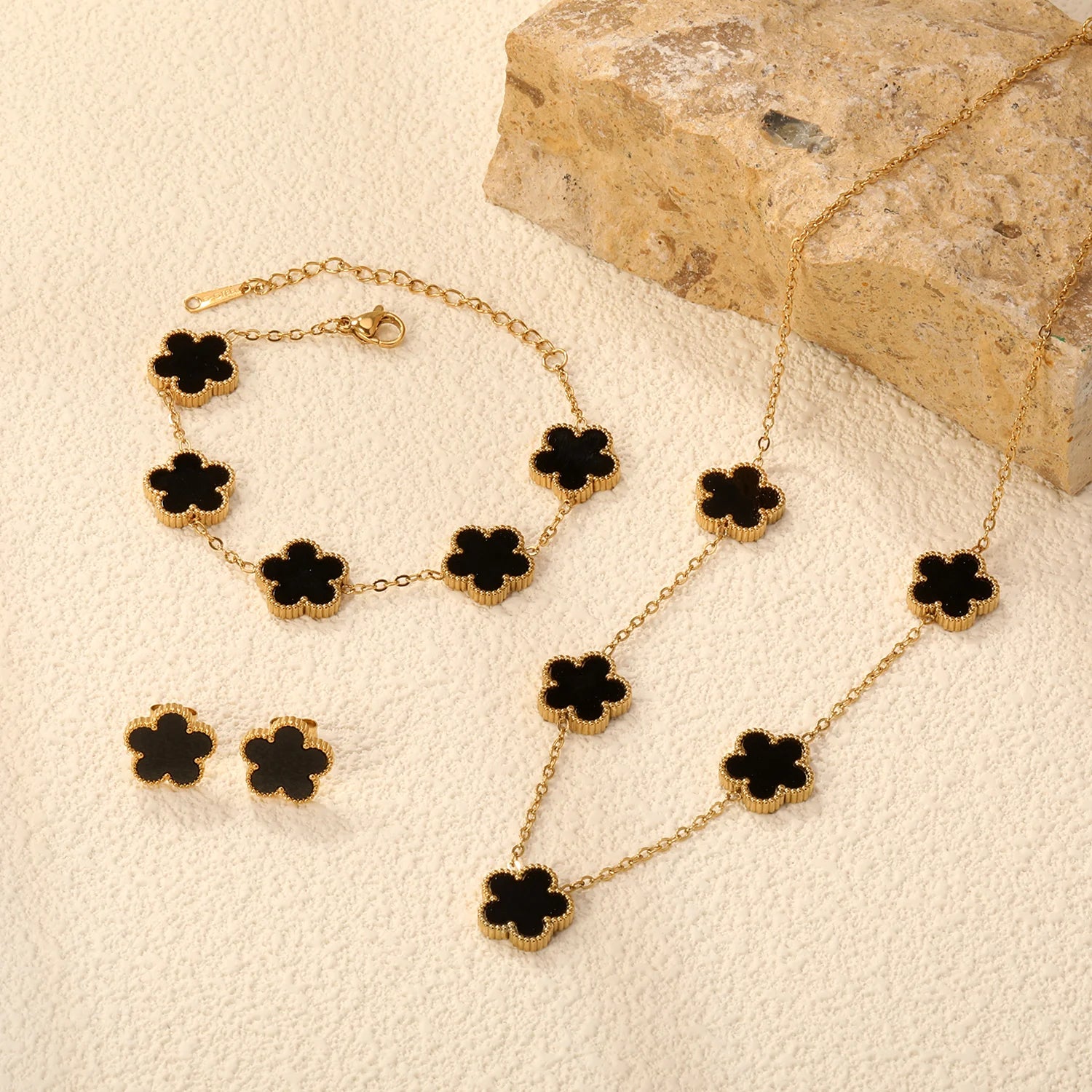 Flower Necklace Earrings Set Jewelry Women Stainless Steel White Shell Clover Bracelet Jewelry Accessories