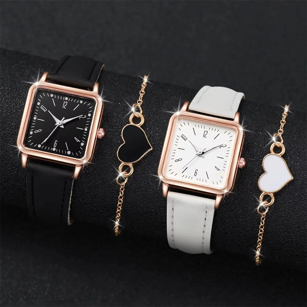 2PCS/Set Fashion Square Women's Watch Leather Band Quartz