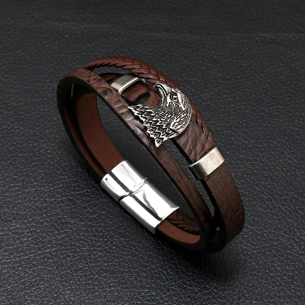 Trendy Leather Bracelets Men Stainless Steel Multilayer