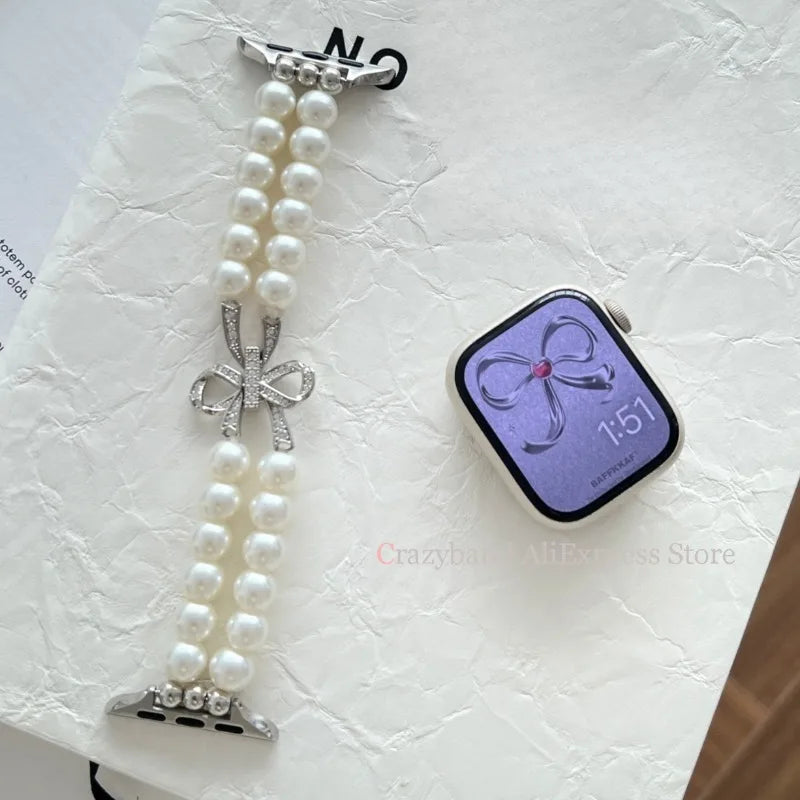 New Bow Stretch Beaded Strap Women's Watch Strap for Apple Watch 38/40/41/42/44/45/46/49mm for Iwatch 9 8 7 6 SE Bracelet