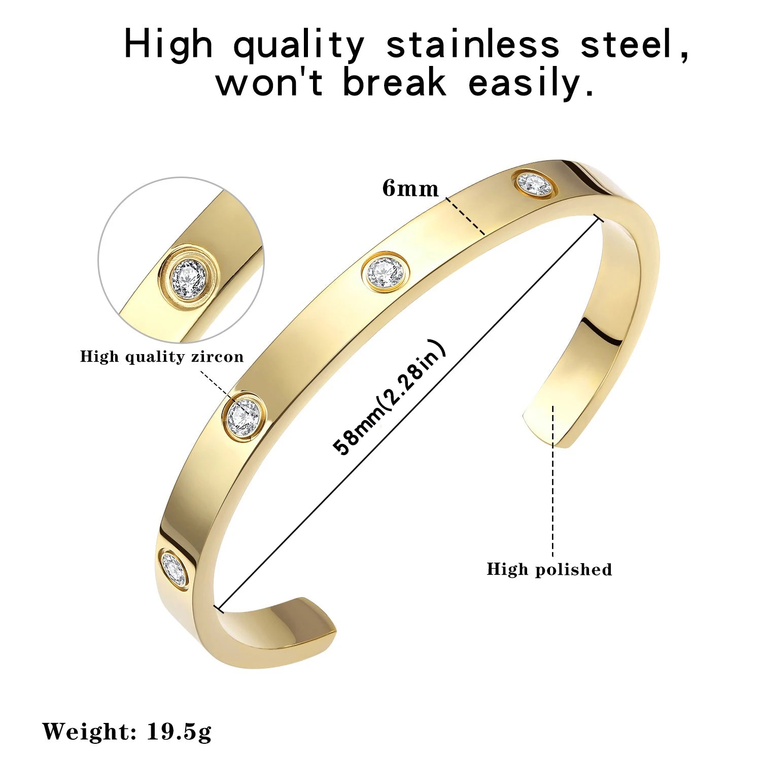 Gold Plated Bracelet with Cubic Zirconia Stones Stainless Steel Bangle Minimalist Cuff Love Charm Bracelets for Women
