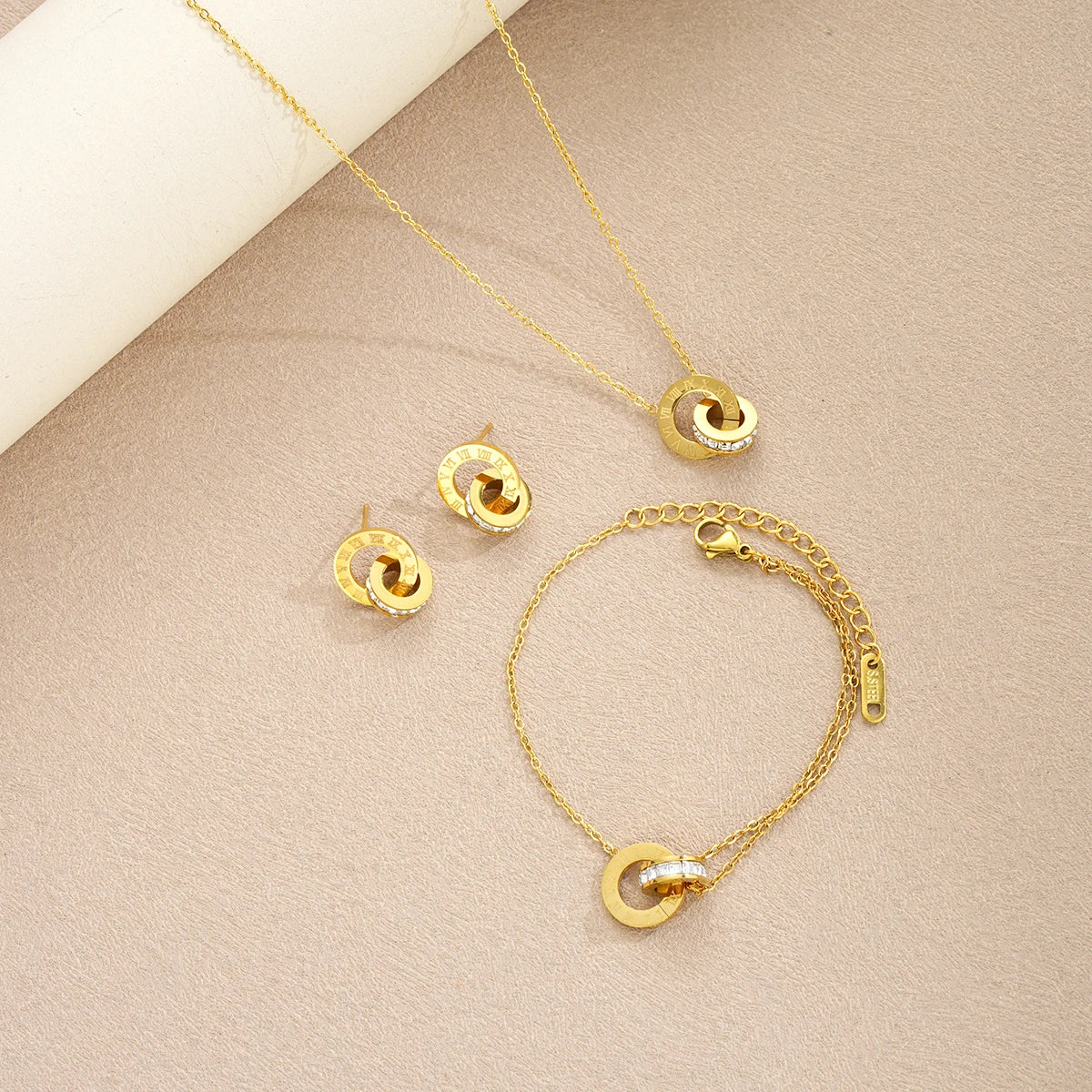 4Pcs/Set Gold Color Stainless Steel Crystal Necklace Bracelet Earrings