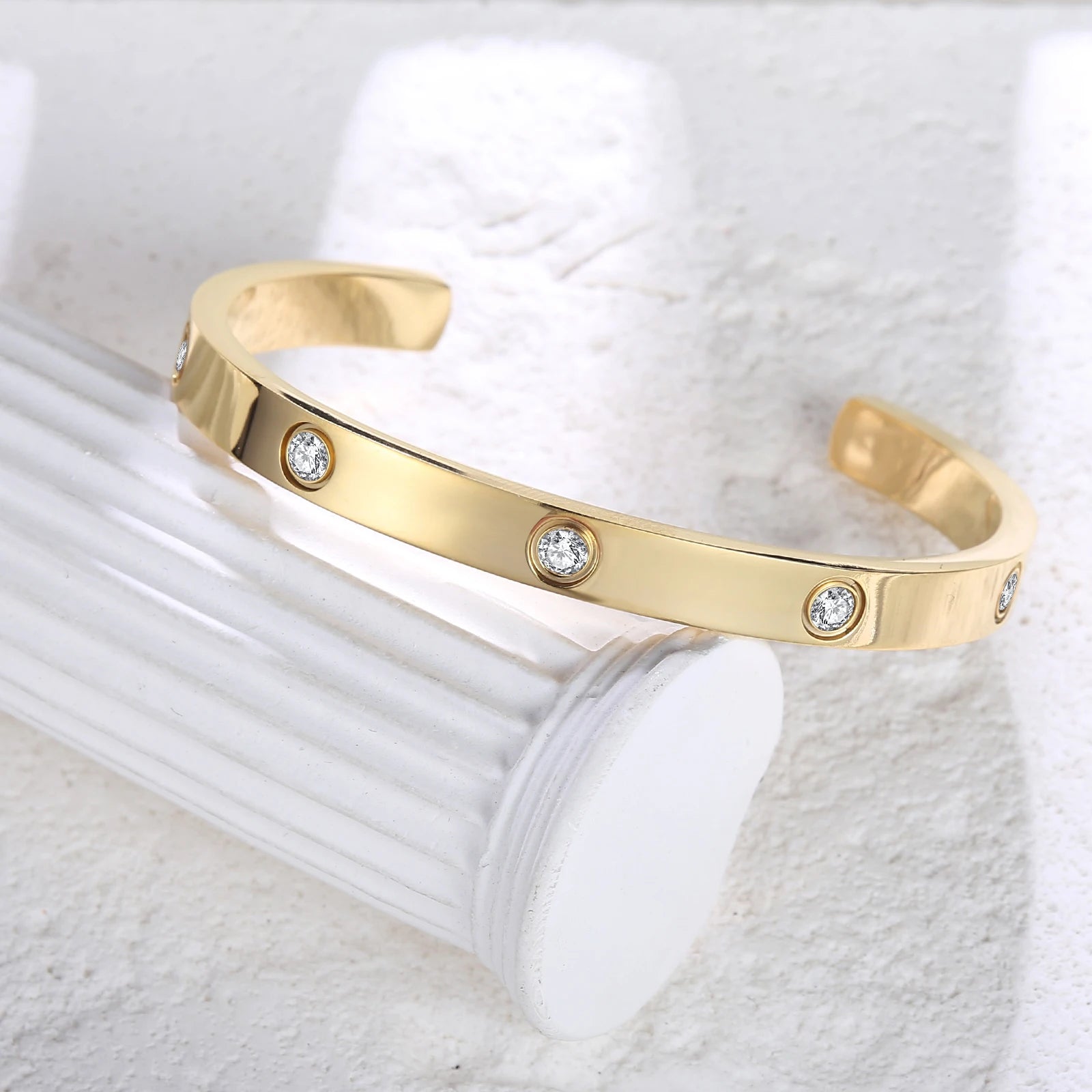 Gold Plated Bracelet with Cubic Zirconia Stones Stainless Steel Bangle Minimalist Cuff Love Charm Bracelets for Women
