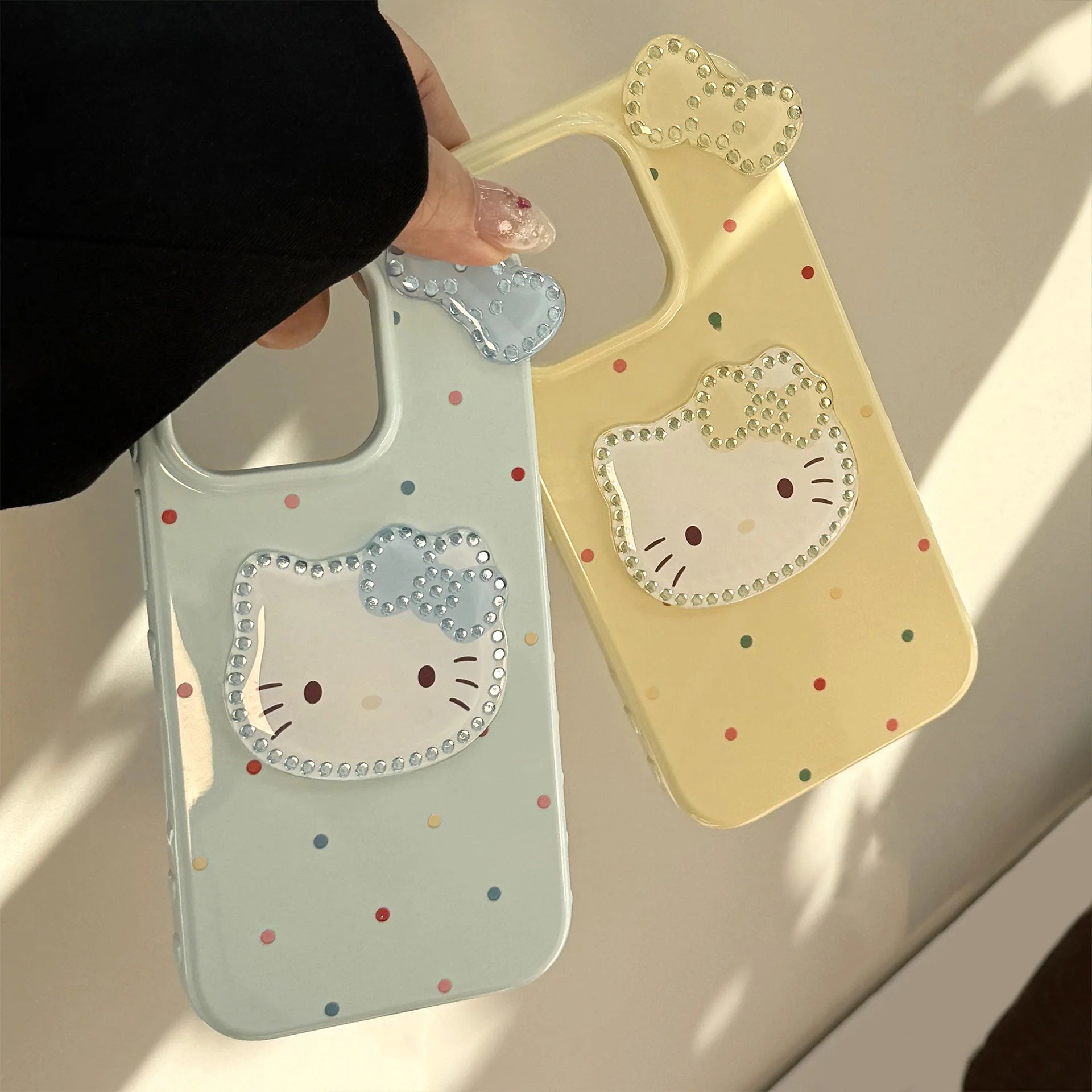 Korean Colorful Wave Point 3D Bowknot Hello Kitty Phone Case For iPhone 16 15 14 13 12 Pro Max With Wrist Strap Shockproof Cover