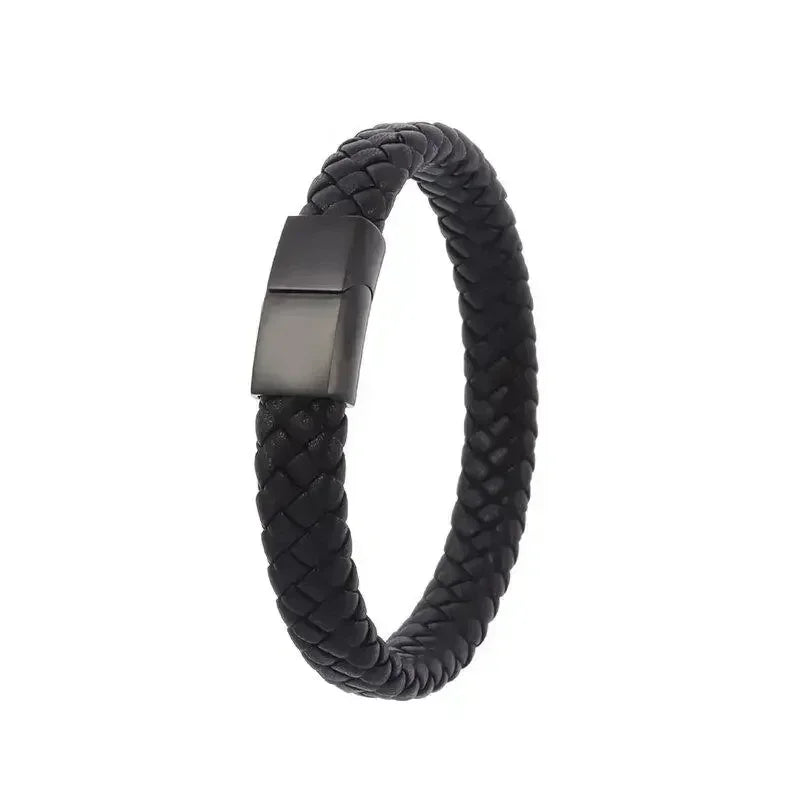 Classic Single Layer Black Hand Woven Leather Bracelet with Metal Magnetic Clasp Men