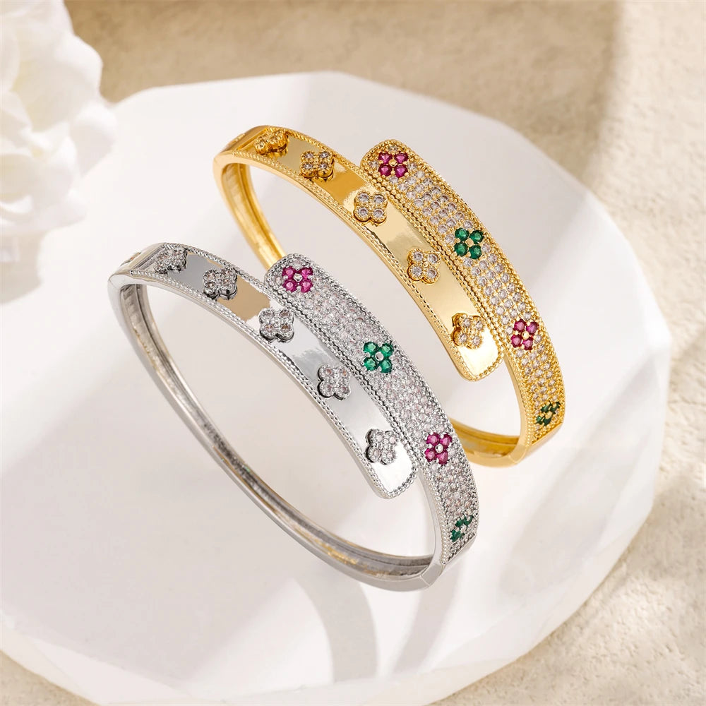 Exquisite Lucky Clover Open Bracelet For Women High Quality Luminous Zircon 18K-Gold-Plated Non Fading Bracelet Jewelry NEW