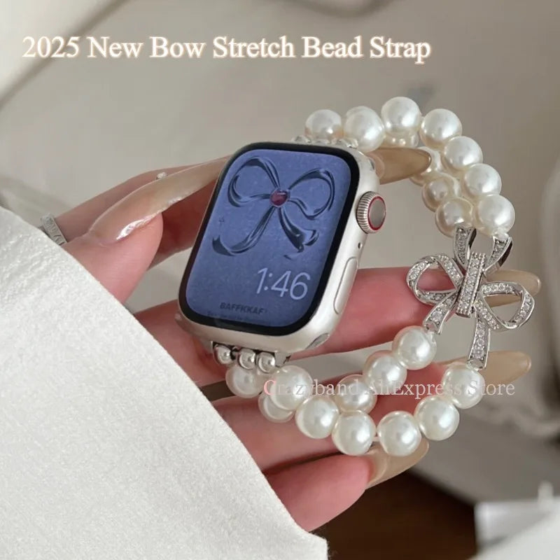 New Bow Stretch Beaded Strap Women's Watch Strap for Apple Watch 38/40/41/42/44/45/46/49mm for Iwatch 9 8 7 6 SE Bracelet