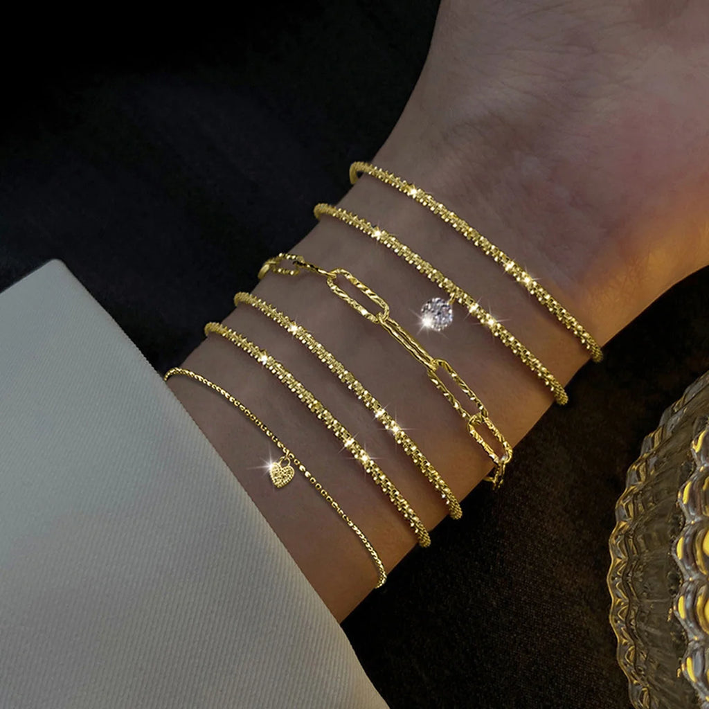 6 Pcs Fashion Gold Color Sparkling Adjustable Bracelets Set for