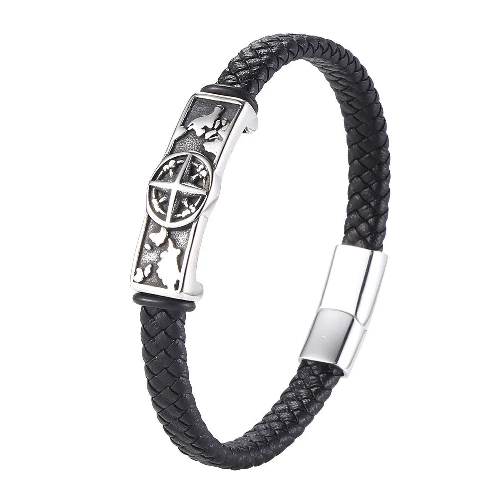 Stainless Steel Wrap Leather Viking Compass Bracelet Men Women