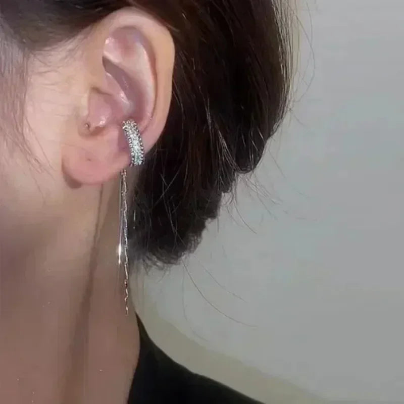 1PC Silver Color Crystal Tassel Cuff Ear Clip Earring for Women