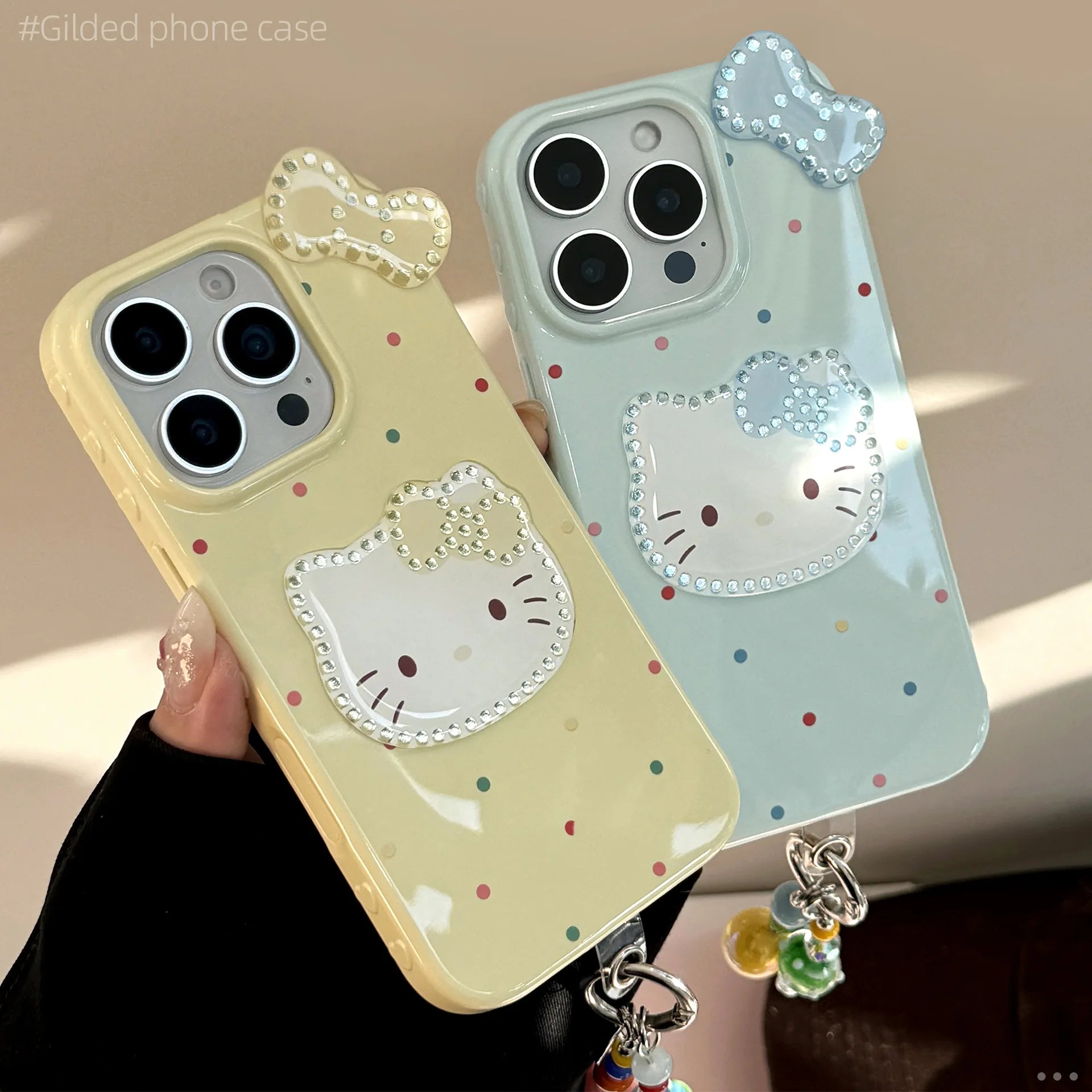 Korean Colorful Wave Point 3D Bowknot Hello Kitty Phone Case For iPhone 16 15 14 13 12 Pro Max With Wrist Strap Shockproof Cover