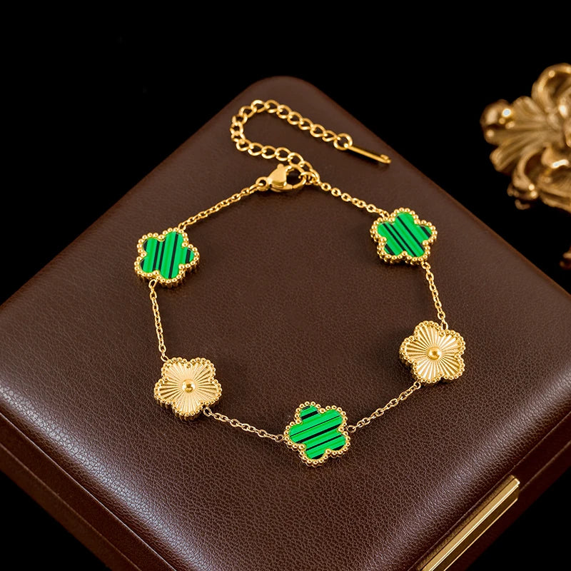 GANEMLY New Fashion Double Sided Green Five Leaf Flower Charm Bracelets
