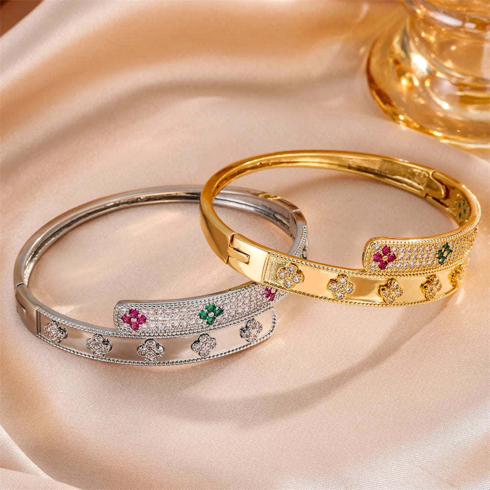 Exquisite Lucky Clover Open Bracelet For Women High Quality Luminous Zircon 18K-Gold-Plated Non Fading Bracelet Jewelry NEW