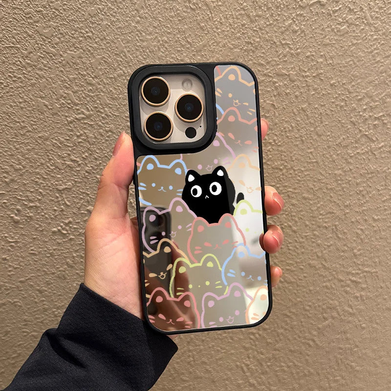 Case for iPhone 11 12 13 14 15 16 Pro Max Plus Series Colorful hollow cat pattern transparent mirror phone case