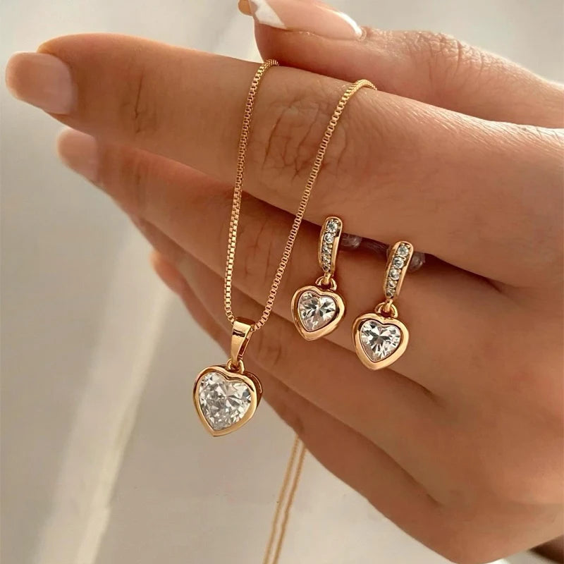 3 Pcs Heart Pendant Jewelry Set Of Earring Pendant Necklace For Women
