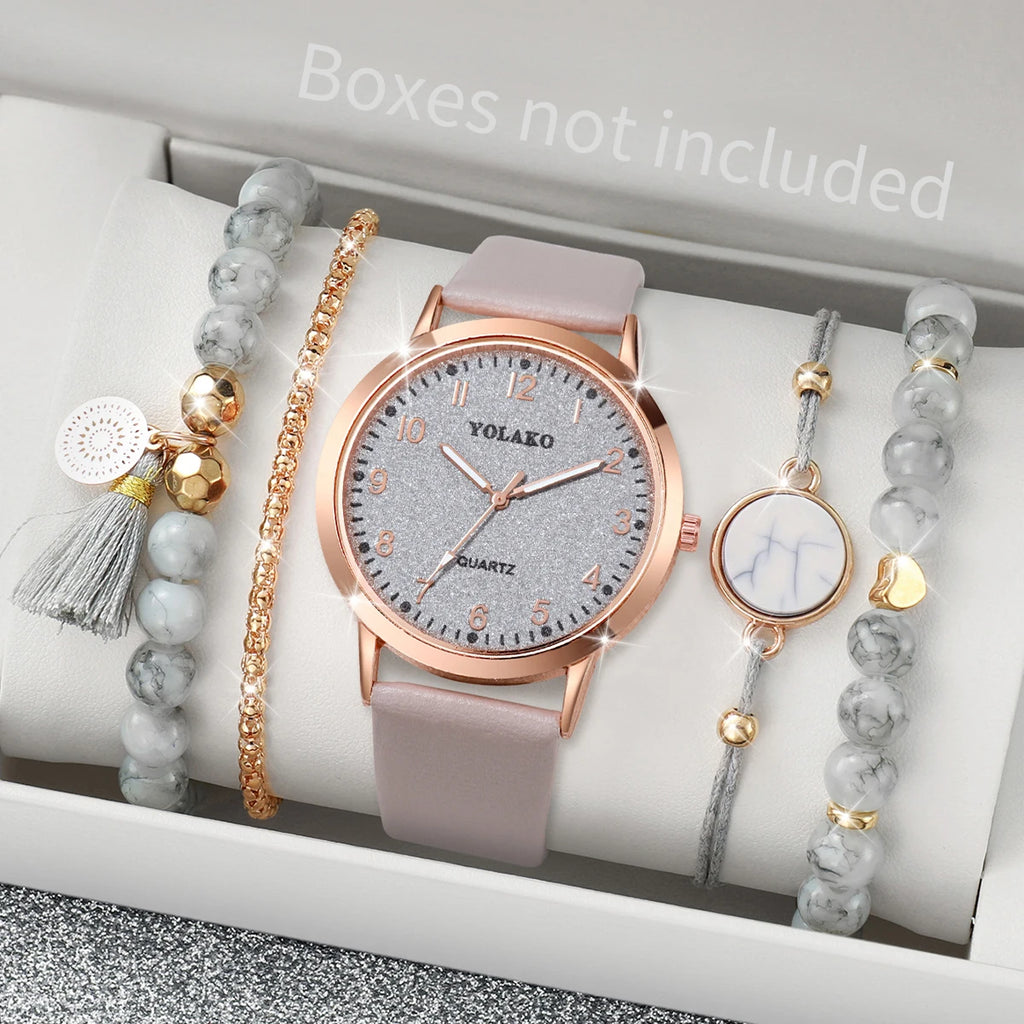 5PCS/Set Fashion Arabic Dial Women Quartz Watch Casual Leather Band Wrist Watches Bracelets  Set