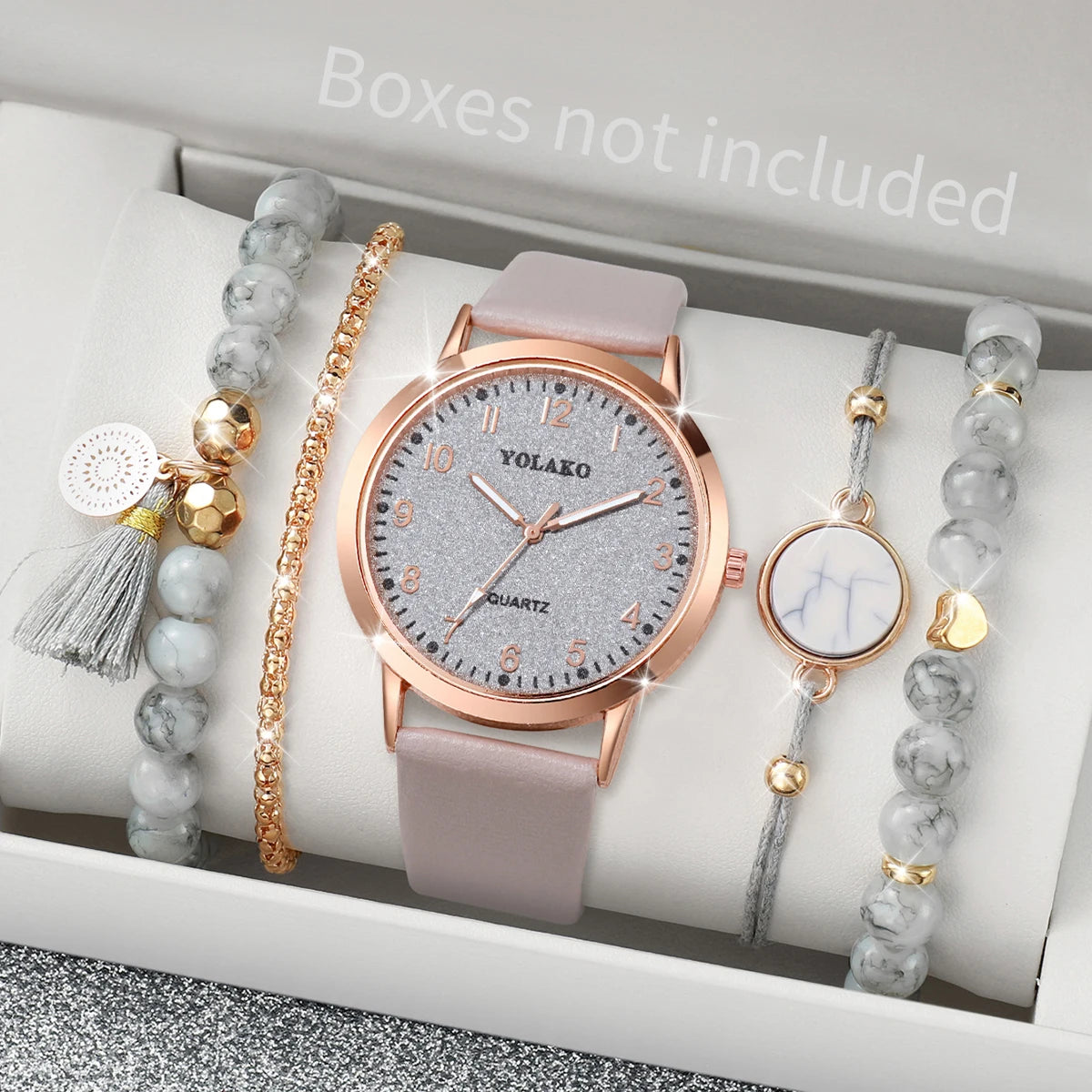 5PCS/Set Fashion Arabic Dial Women Quartz Watch Casual Leather Band Wrist Watches Bracelets  Set