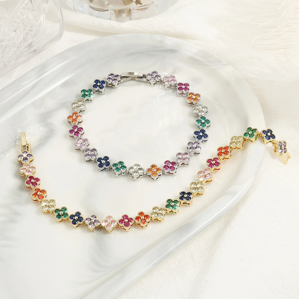 Luxury Brass Colorful Random Zircon Flowers Bracelets