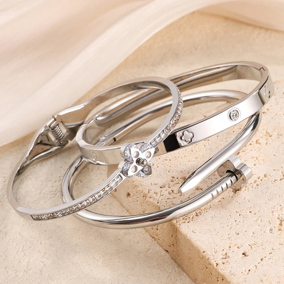 2PCS French Lucky Clover Bracelet Set For Women High Quality Stainless Steel INS Hot Selling Bracelet Charm Feeling Jewelry Gift