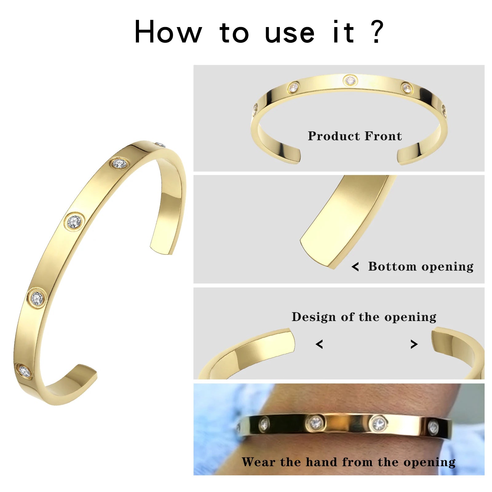 Gold Plated Bracelet with Cubic Zirconia Stones Stainless Steel Bangle Minimalist Cuff Love Charm Bracelets for Women