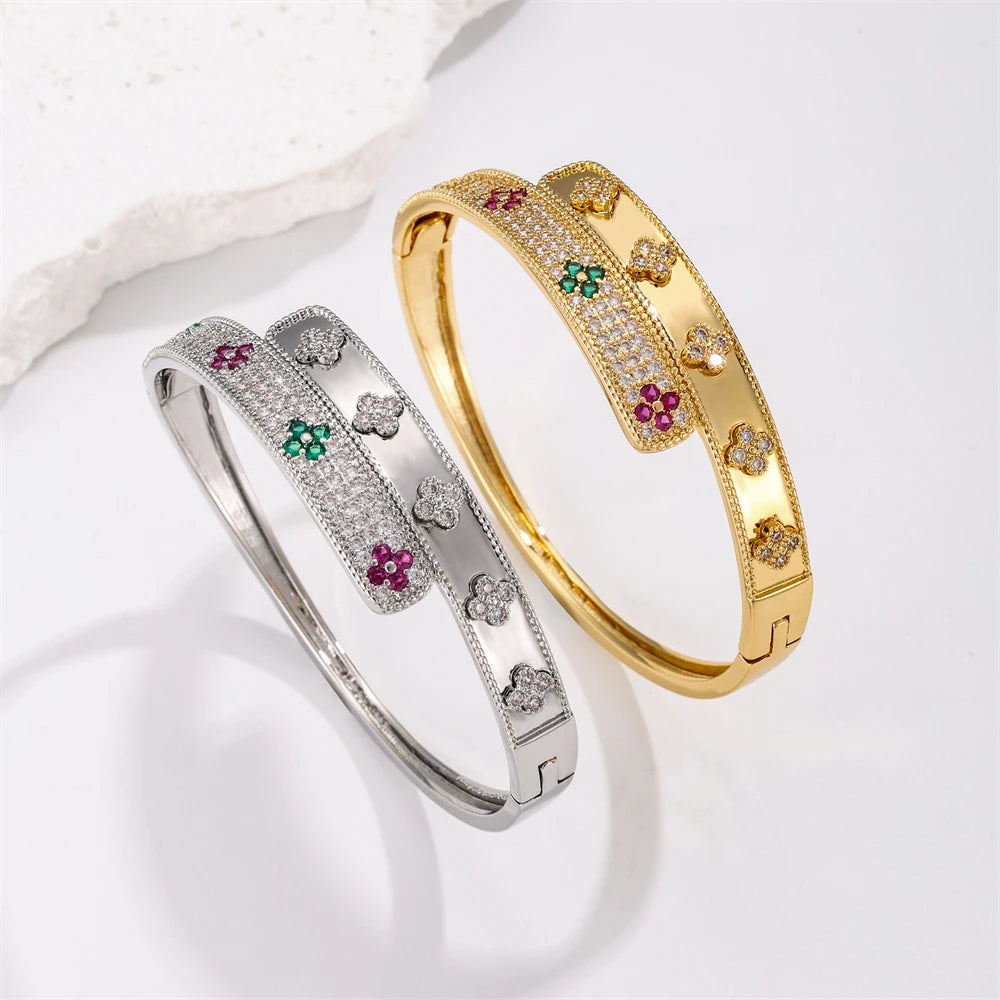 Exquisite Lucky Clover Open Bracelet For Women High Quality Luminous Zircon 18K-Gold-Plated Non Fading Bracelet Jewelry NEW