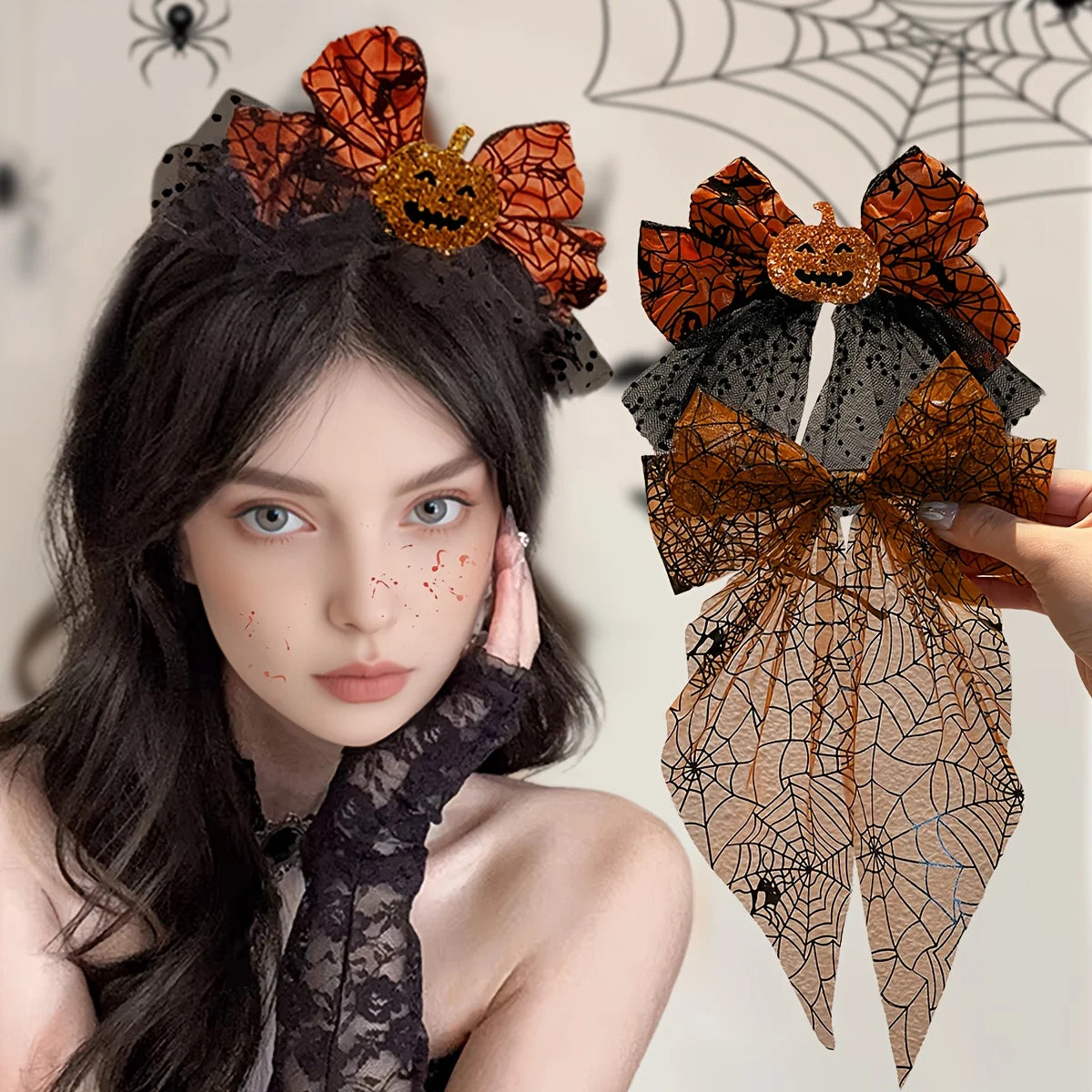 1/2pcspumpkin headed spider, bow tie mesh headband