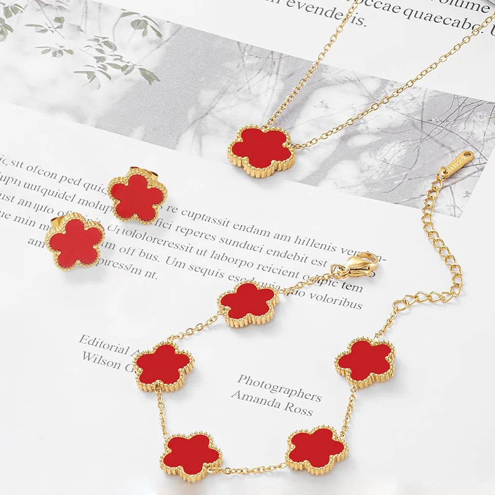IFYOUOO Necklace Bracelet Earrings Set Luxury Plum Blossom Plant Five Leaf Flower for Women Gift Jewelry