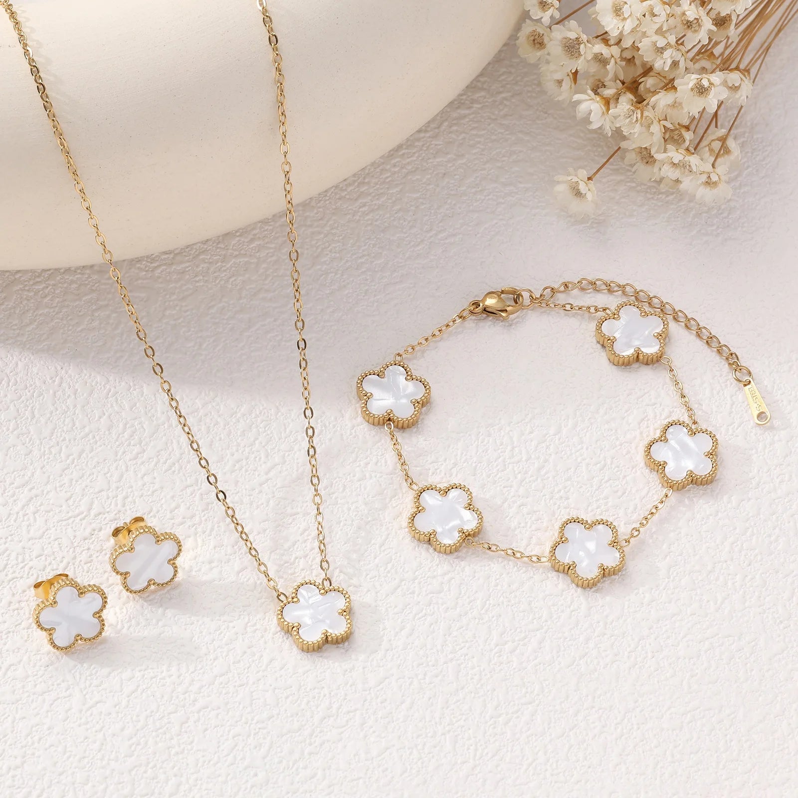 IFYOUOO Necklace Bracelet Earrings Set Luxury Plum Blossom Plant Five Leaf Flower for Women Gift Jewelry