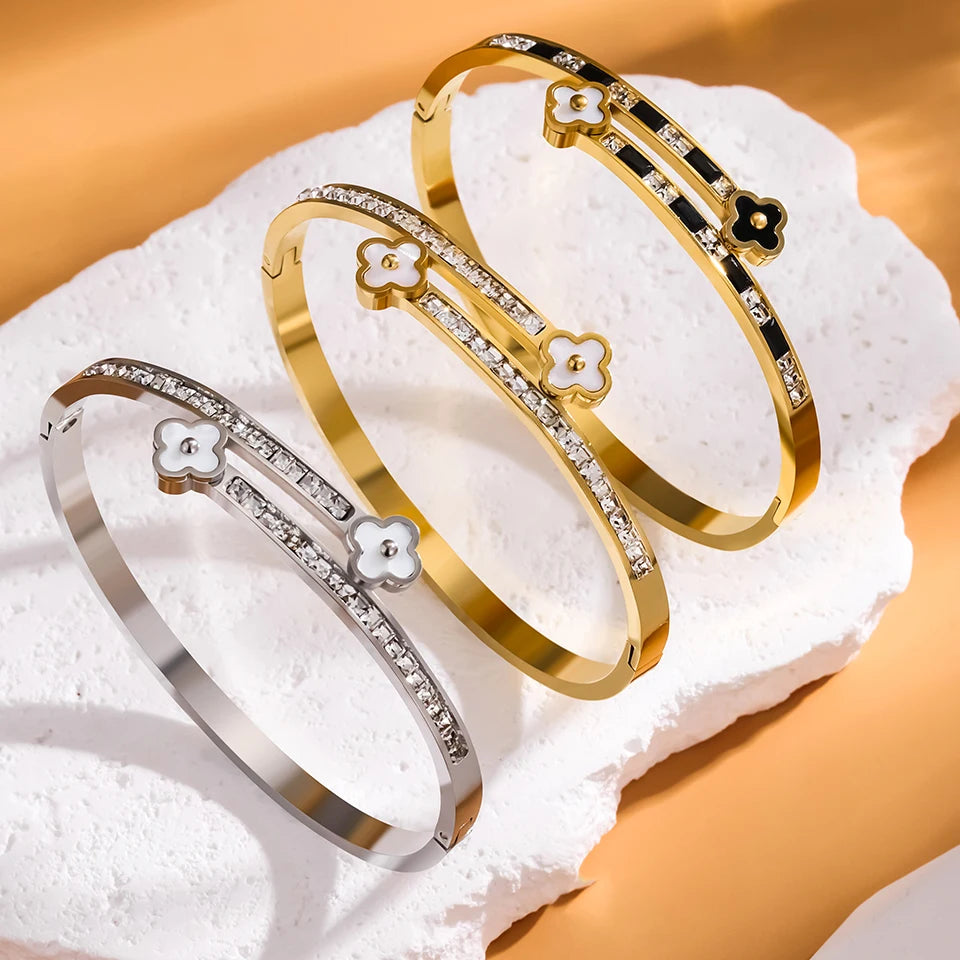 Four-leaf Flower Shell Plum Blossom Stainless Steel Open Bracelet Shiny