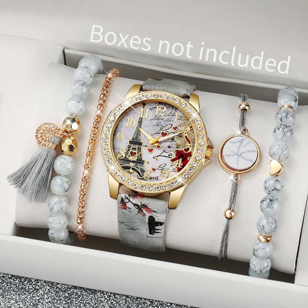 3/4/5PCS Fashion Rhinestone Women's Watch Flowers