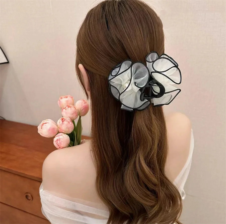 Korean style ruffled flower mesh hair clip fashionable temperament
