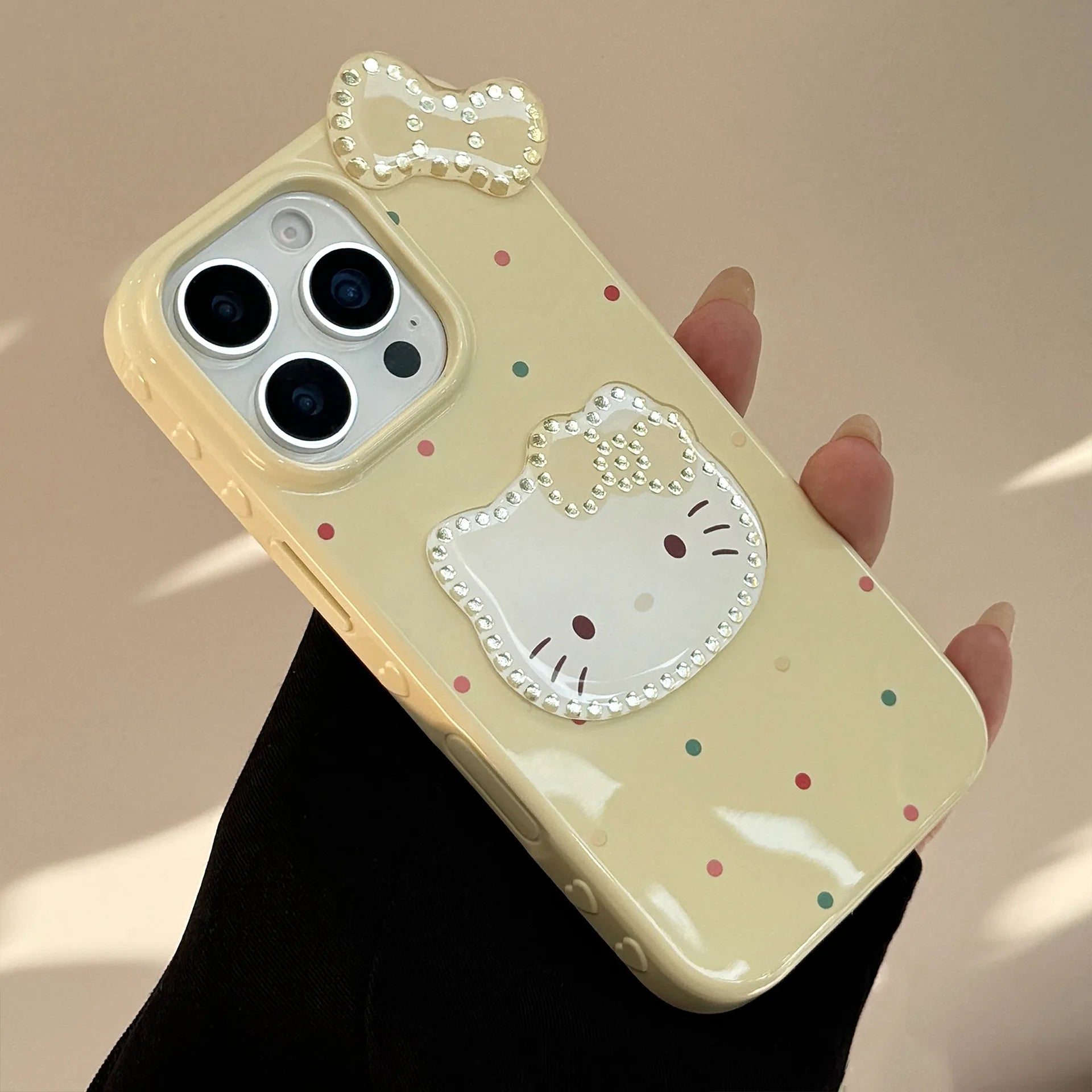 Korean Colorful Wave Point 3D Bowknot Hello Kitty Phone Case For iPhone 16 15 14 13 12 Pro Max With Wrist Strap Shockproof Cover