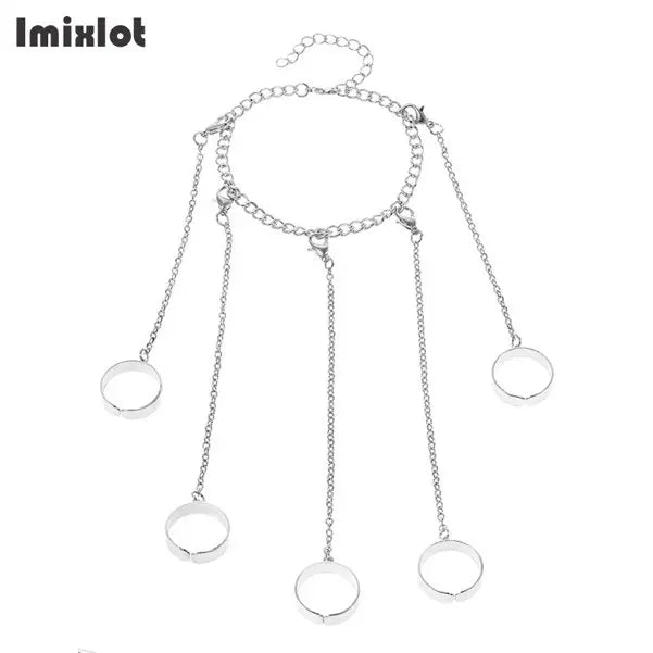 Simple Heart Pendant Chain Bracelet Link Connected Gold Plated Wide Finger Ring Bracelets for Women Link Hand Harness Jewelry