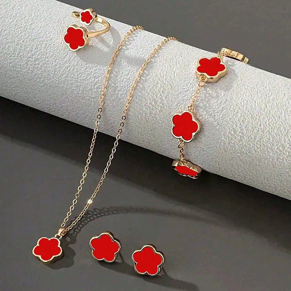 Lucky Five-petal Flower Five-leaf Clover Bracelet Earrings Necklace Three-piece set