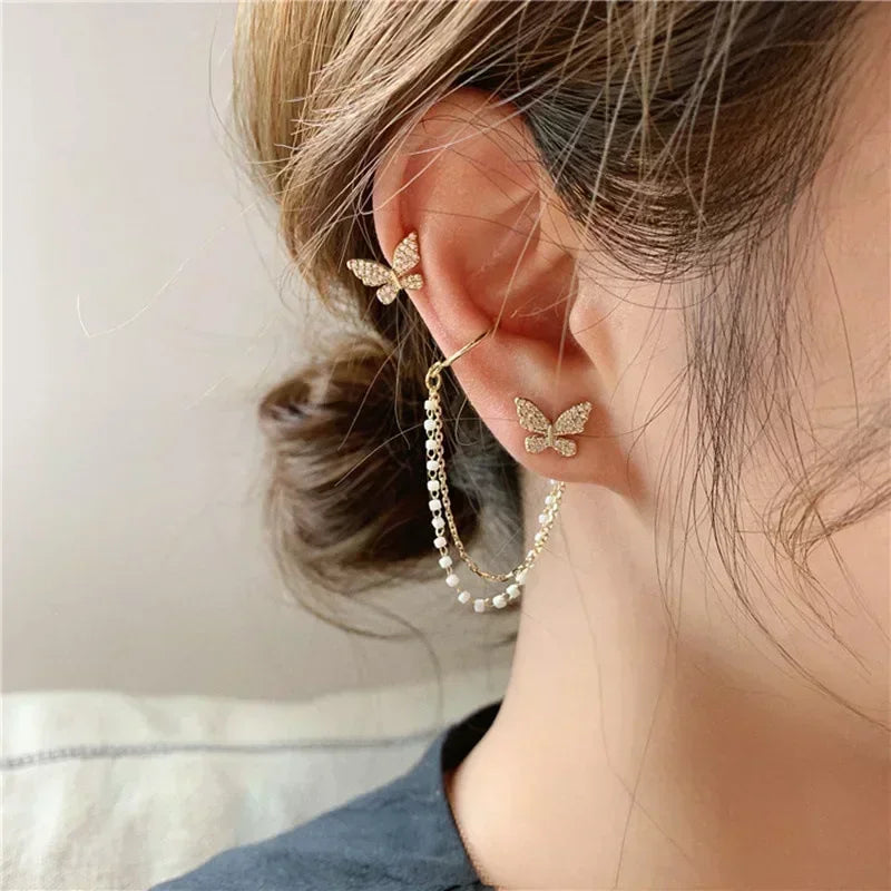 1PC Silver Color Crystal Tassel Cuff Ear Clip Earring for Women