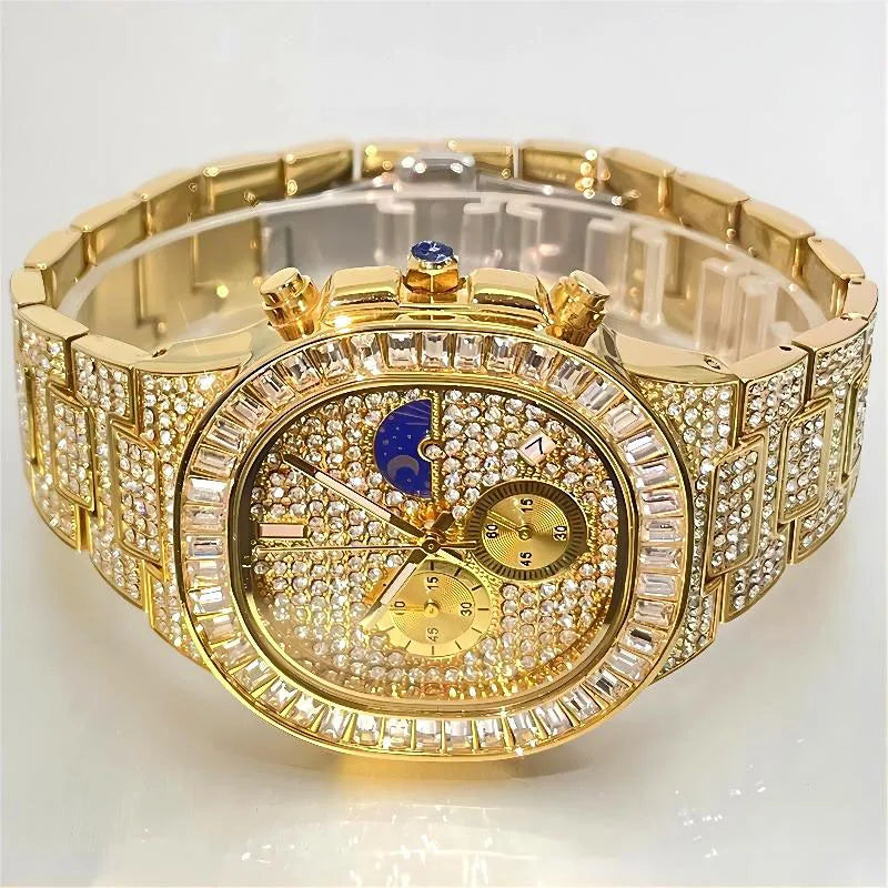 Luxury Quartz Mens Watches Fashion Square Diamond Stainless Steel Wristwatches