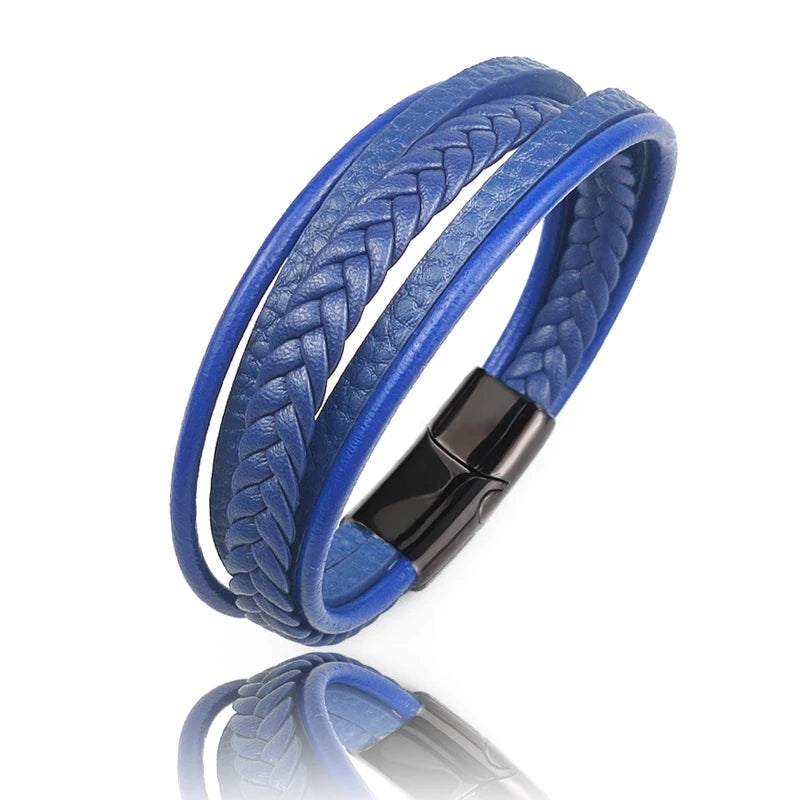 New Titanium Steel Blue Punk Braided Leather Bracelet