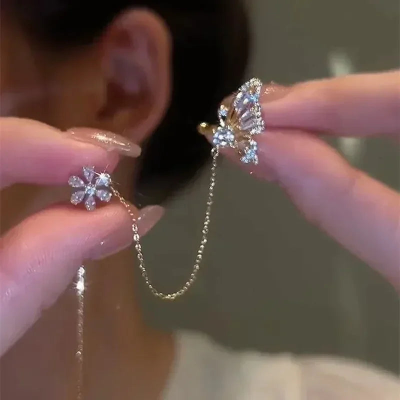 1PC Silver Color Crystal Tassel Cuff Ear Clip Earring for Women