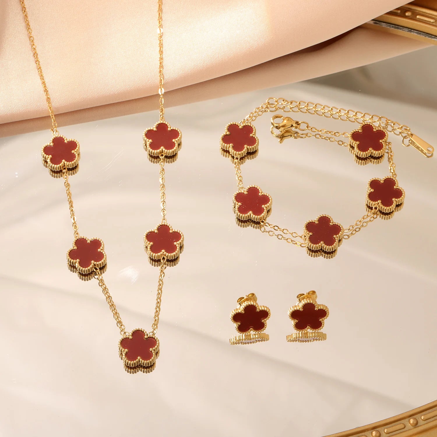 Flower Necklace Earrings Set Jewelry Women Stainless Steel White Shell Clover Bracelet Jewelry Accessories