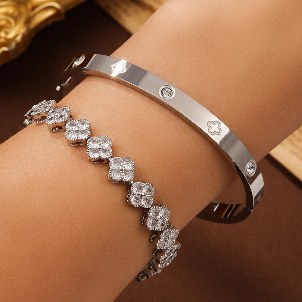 2PCS French Lucky Clover Bracelet Set For Women High Quality Stainless Steel INS Hot Selling Bracelet Charm Feeling Jewelry Gift