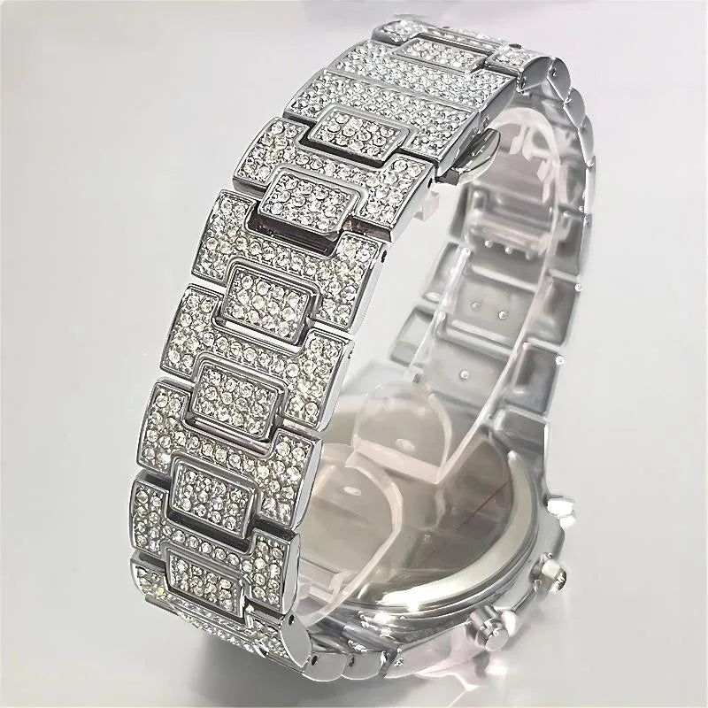 Luxury Quartz Mens Watches Fashion Square Diamond Stainless Steel Wristwatches