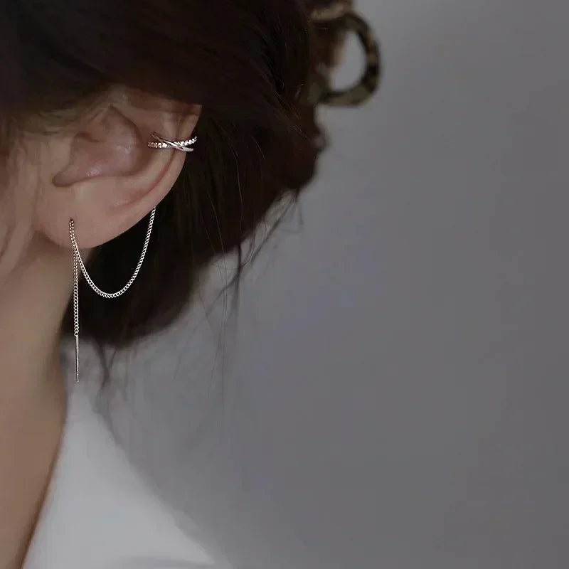 1PC Silver Color Crystal Tassel Cuff Ear Clip Earring for Women