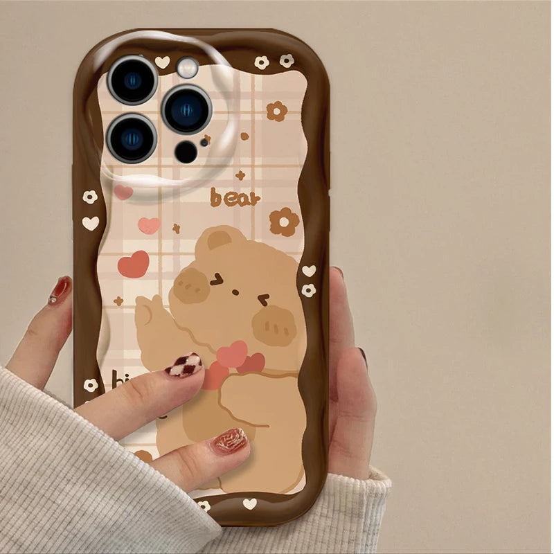 Lovely Coffee Bear Silicone Printing Phone Case for IPhone 16 15 14 13 12 11 Pro Max Plus 16E XR XS X 7 8 Wavy Shockproof Cover